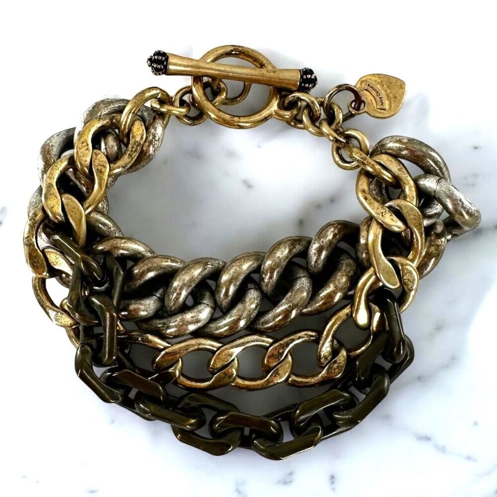 Vintage Tri-Color Chunky Metal Charm Bracelet Gold Silver Brown